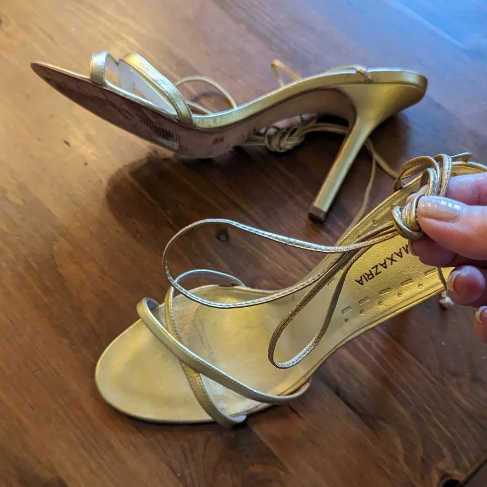 BCBG MAXAZRIA metallic gold ankle strap heeled sandals Size 8.5 - Picture 7 of 10